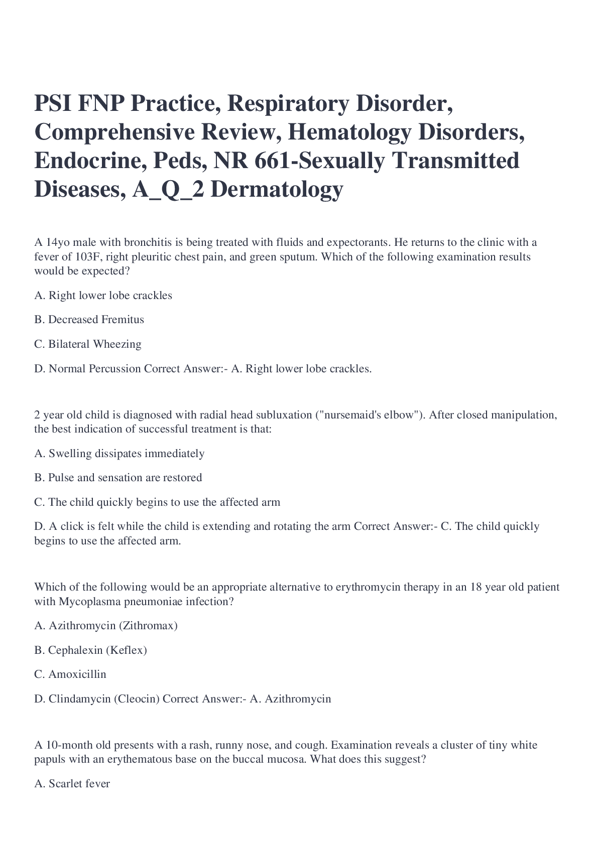 Preview of PSI FNP Practice, Respiratory Disorder, Comprehensive Review, Hematology Disorders, Endocr